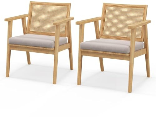 Multigot Accent Chairs Set of 2, Solid Rubber Wood Lounge Sofa Armchair | Mid-Century Upholstered Comfy Reading Chair with Rattan Backrest and Padded Seat Cushion for Living Room