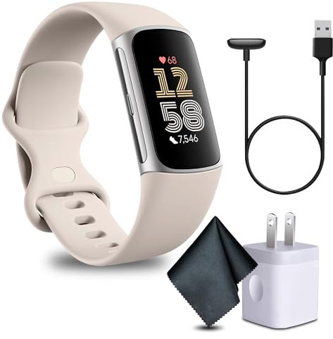 Fitbit Charge 6 Fitness Tracker Smartwatch Bundle with Cleaning Cloth and Charger (Porcelain/Silver)