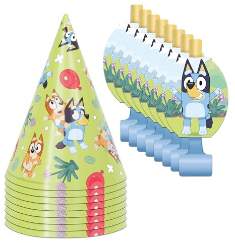 Unique Bluey Party Hats and Blowouts 8 Hats & 8 Party Blowouts with Celebrate With Me Sticker | Bluey Birthday Party Supplies for Kids