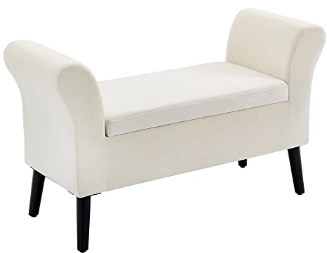 HOMCOM Panca Contenitore Camera da Letto con Vano Portaoggetti e Braccioli, Panca per Ingresso in Tessuto Effetto Velluto e Legno di Gomma, Panca Fondo Letto, 111.5x41x65 cm, Bianco Crema