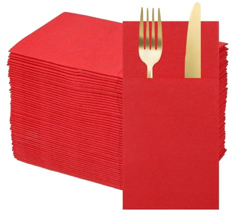sourcing map 50 Pcs Disposable Linen Feel Napkins with Built-in Flatware Pockets, Paper Dinner Napkins for Knife and Forks, Hand Towels for Wedding Party Red
