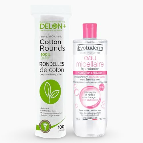 Fuktgivande Micellar rengöringsvatten 500 ml set och premium bomullsrundor 100-pack, sminkborttagare torr och känslig hud, rengör utan sköljning, bomullspads superabsorberande, 100 % ren bomull