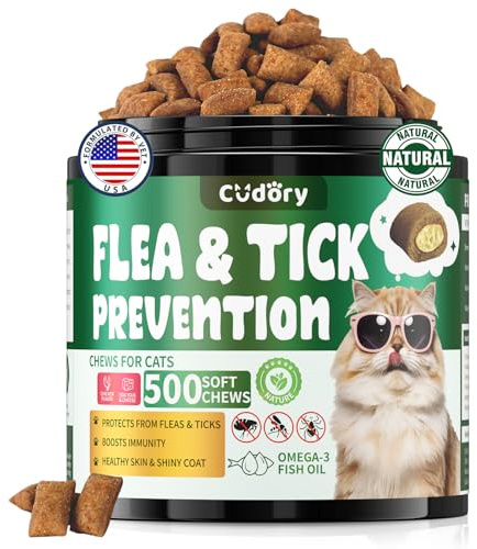 Flea and Tick Prevention for Cats – 500 Crunchy & Creamy Chews, Cat Flea Chewables with Skin & Coat Support – Oral Supplement for All Breeds & Ages – Natural Chicken Flavor