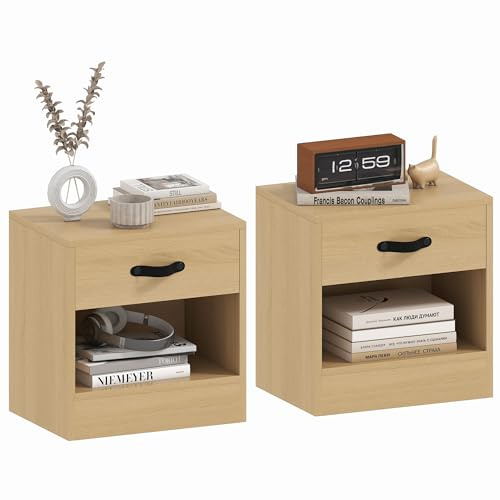 HOMCOM Pack de 2 Mesitas de Noche Mesillas de Noche Dormitorio Estrechas con Cajón y Compartimento Abierto para Salón 39x28x41 cm Natural