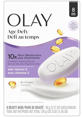 Olay Beauty Bar, Age Defying, 10x More Moisturizers, Smooth & Gentle on Skin, Vitamin E & Vitamin B3 Complex, For All Skin Types, Shea Butter Scent, 3.17 oz, (Pack of 8)