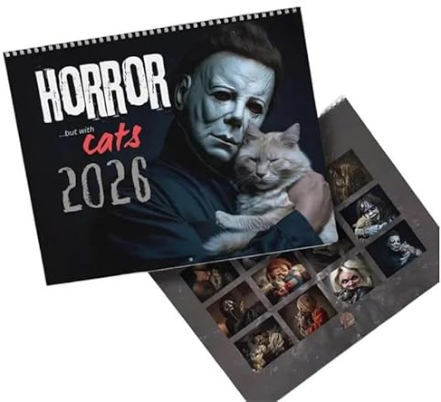 Calendario da parete 2026 con film horror e gatti di Halloween, arte felina spettrale, 27,9 x 21,9 cm