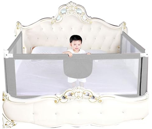 MUL-BOUTIQUEbarriere de lit Enfant de 175 cm - Protection Contre Les Chutes,Barriere de securite Enfant lit avec des 10 Hauteurs Réglables, Cadre en métal, Pliable, Stable et Durable (Gris,)