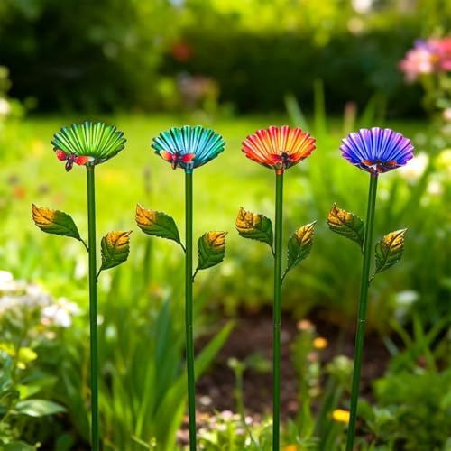 Metall-Bienen-Bewässerungsstationen, 4 Stück Metall-Blumen-Futterspieße – kleine Insekten, Bienen-Futterspender für draußen Fütterung und Bewässerung (Bienenblumen, 4 Sets)