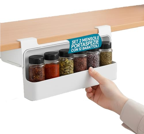Avilia - Set 2 Portaspezie Pensile Estendibile Senza Fori, 6 Barattoli in Vetro Ermetici Inclusi, Regolabili, Organizer Spezie Cucina Salvaspazio Adesivo Antiscivolo
