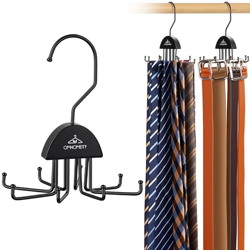 2 Pack Tie Hanger Belt Organizer for Closet, Rotatable Tie Rack with 16 Hooks Max 24 Belts & 16 Ties Storage Capacity, Space Saving Hanging Belt Holder for Closet Organizer, Black
