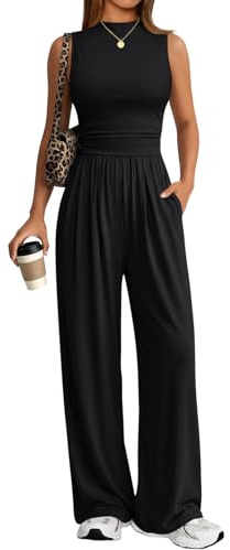 Trendy Queen Women's One Piece Jumpsuit - Sleeveless Mock Neck Palazzo Romper with Pockets, Casual Summer Outfits Black S