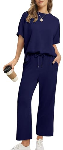 Rayson Tuta Estiva Donna Sportiva con Scollo Rotondo e Ampie Tasche Completo Tuta Donna T-Shirt & Pantaloni Casual per Jogging, Training, Casa, Working(Blu navy,XL)