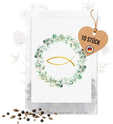 Logbuch-Verlag 10 bolsas de semillas de eucalipto y pescado, diseño de comunión, confirmación, confirmación, regalo sostenible, mezcla de semillas de abejas, 9,3 x 6,3 cm