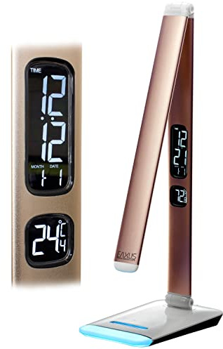 Eaxus LED Schreibtischlampe 12 Watt mit RGB-Farbwechsel, Tischlampe dimmbar 500 lm, Lampe mit Touch-Funktion, Uhr, Kalender & Temperaturanzeige, Büro Tischleuchte, Schreibtisch Zubehör, Kupferfarben