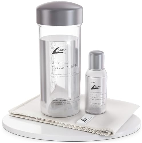 LEADER Brillenbad SET – Patentiertes Brillenreinigungsgerät mit 50ml Spezialreiniger & Mikrofasertuch – Brillenreiniger für Gläser & Gestell – Schüttelbad für Sonnen-, Lese- & Sportbrillen