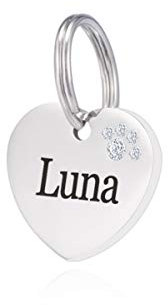 Gredstar Herz Hundemarke mit gravur Hunde Tag aus Edelstahl mit Pfote Zirkonia und 2 Schlüsselringe