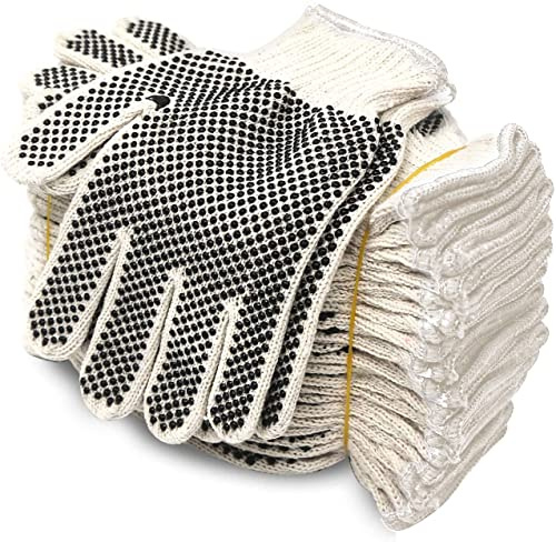 Evridwear Cotton Polyester String Knit Shell Safety Protection Work Gloves for Painter Mechanic Industrial Warehouse Gardening Construction Men & Women 12 Pairs, With Two Side dots, L Size