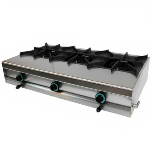 MBH - Cucina a gas professionale con 3 fornelli da banco e alta potenza per cucina industriale di bar, ristorante, food trucks, ristorazione e catering.