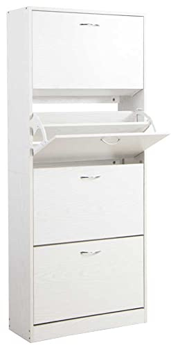 BAKAJI Scarpiera Portascarpe in Legno MDF con 4 Ante Porta Scarpe a Ribalta Maniglie in Metallo Doppia Profondità Dimensioni Compatte Slim 63 x 24 x 150 cm Ingresso Casa (Bianco Frassinato)