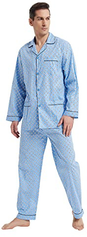 Global Herrpyjamas, lång pyjamas i bomull, tvådelade nattkläder, långärmad skjorta med V-ringning, fickor och knappslå, loungebyxor med band, nattkläder, M