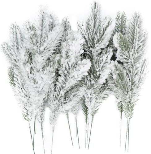 14pcs Snowy Artificial Pine Branches, 10.6inch Faux Christmas Foliages Flocked Pine Stems Fake Pine Twigs Greenery Pick Tree Filler Branch for Xmas Crafting Garland Wreath Making Supplies Home Decor