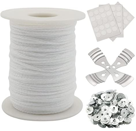 YODOOLTLY Candle Wicks,Natural Cotton Wicks for Making Candles 200ft/Roll with 100 Pcs Metal Wick Sustainers Tabs & 2 Holders 60 Glue Dots,Soy Wax DIY Craft Supplies, White
