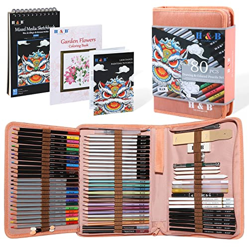 H & B 80pcs Drawing Set Sketching Pencil Set, Professional Colouring Pencils With Colouring Book,3 Colors Sketchbook,Art Supplies for Adults,Artists,Beginners