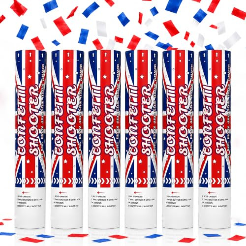 Union Jack Confetti Cannon Pack of 6-20cm Red White & Blue | Confetti Shooters British Party Decorations for Football, Cricket, Coronation, VE Day, BBQ, Jubilee & Celebrations