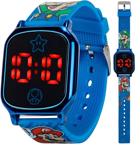 Super Mario Kids Touch-Activated LED Watch - Digital Time Display, Blue Alloy Case, Soft Silicone Strap, Fun Mario & Luigi Design - Fits Wrists 5.5 to 8