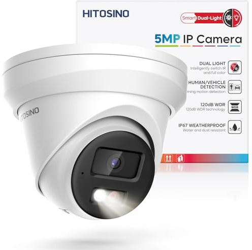 HITOSINO 5MP IP PoE Camera, Outdoor Turret Camera with Mic, Hikconnect/SADP/iVMS4200, Smart Color Night Vision, Low light Starlight, Human Vehicle Detection, 114° Wide Angle, Metal IP67, 512GB SD Slot