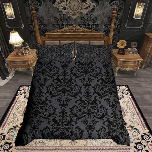Homewish Grå svart damast dubbelt påslakanset för barn tonåringar vuxna, vintage kunglig barock sängkläder och linne, viktoriansk klassiskt blommigt bäddset med örngott, ultramjuk, grå