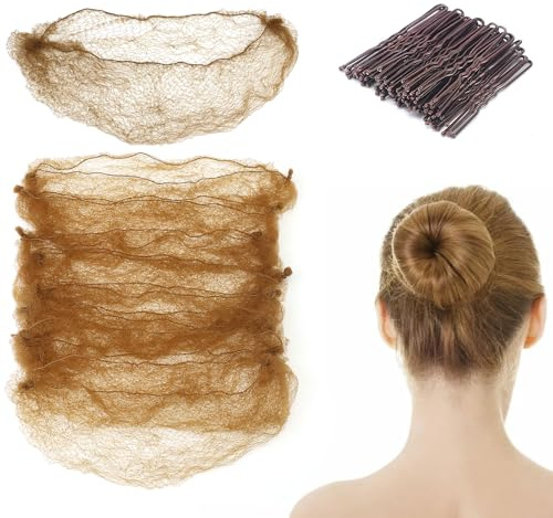Set di 25 retine per capelli per chignon e 50 forcine per capelli a forma di U, colore marrone, kit per chignon, retina per capelli da balletto, 50 cm, confezione singola, retine per capelli