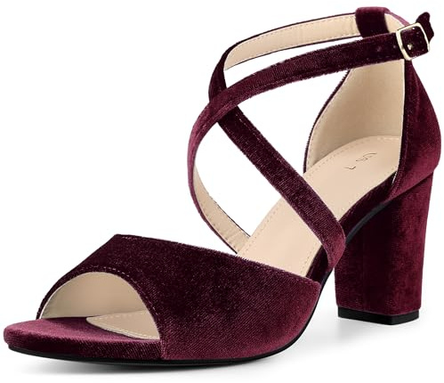 Perphy Sandalias de terciopelo sintético con correa entrecruzada, puntera abierta, tacón de bloque para mujer, Burgundy, 37 EU