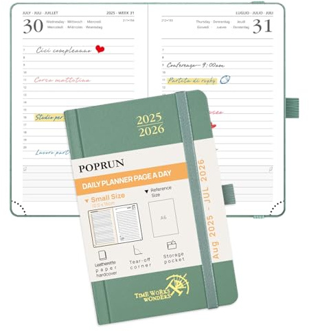 POPRUN Agenda Pocket 2025 2026 Dagsplanerare 16 x 10,5 cm, 1 Sida per Dag från Aug'25 - Juli'26, 12 Månader, Skolkalender, Hårt Omslag, Fickfack, Papper 70 gsm, Midnattsgrön