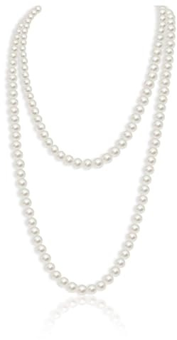 Ziranee Collar Largo de Perlas Blancas,Perlas de Imitación Brillantes Hechas a Mano,Collar de Perlas Vintage Collar de Perlas de 150 cm,accesorios para disfraz de Gatsby de los años 20