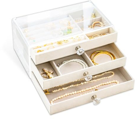 Bieiyhe 3-Stufiger Schmuck organizer Reise,Ringaufbewahrungs Box,Schmuckbehälter,Ohrstecker Aufbewahrung Ohrringe Stecker,Schmuckkasten Klein,schmuckbox damen,Schmuckschatulle,Jewelry Box-Beige