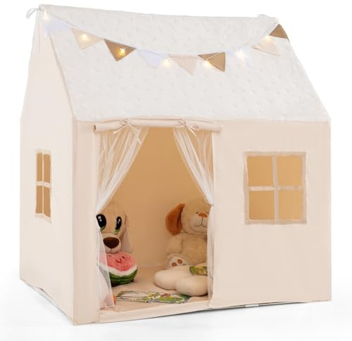 COSTWAY Spielhaus Kinder Indoor, Kinderzelt mit gepolsterter Matte & Sternenlichtern, Spielzelt Kinder mit Flaggen, Kinderspielhaus für Jungen & Mädchen ab 3 Jahren, 119 x 104 x 129 cm (Beige)
