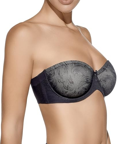 Selene, Sujetador Mujer de Banda Alta, con Aros y Copas Decoradas, Sin Tirantes y Sin Relleno, Colección Sandra, Color Negro, Talla 100 C