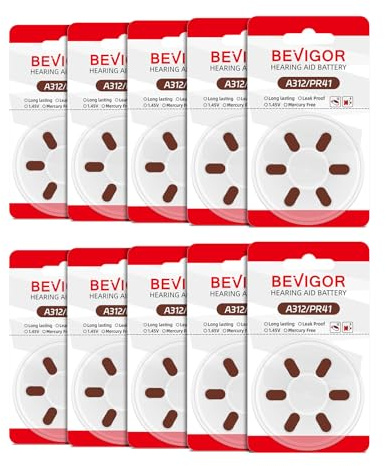 BEVIGOR Size 312 Batteries, 60 High Capacity Mercury-Free Premium Batteries, 10x6 Pack PR41 Brown