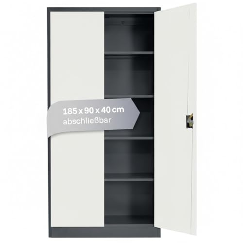 LagerZwei Mehrzweckschrank 185x90x40cm I Metallschrank, 4 Fachböden I Aktenschrank, abschließbar I Robuster Allzweckschrank als Werkstattschrank & Büroschrank I Stahlschrank schwarz-weiß