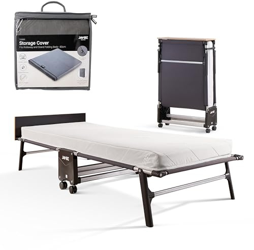 JAY-BE RE80 Folding Bed with e-Fibre Comfort Mattress and Storage Cover, Rollaway, Portable 360° Castors, Anti-Tip Legs, Wood Headboard, Fold-Up Comfortable Guest Bed, Single