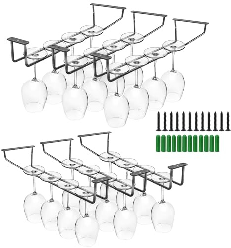 PINGEUI 6 Pack 14 Inch Wine Glass Holder, Metal Glasses Hanger Under Cabinet Glassware Shelf for Bar Kitchen, Black