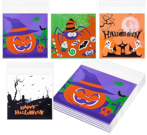 100pcs Cellophane Bags 10 x 10cm, Halloween Self Adhesive Small Plastic Packaging Self-Seal Translucent Cookie Bags Clear Cellophane Bags Opp Sweet Bag for Cookie Chocolates Biscuit Sweets Candy