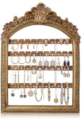 Fiwochic 1 Pcs 13 x 9.3'' Wall Hanging Earring Holder Organizers Vintage Arched Frame 4 Layer Wall Mounted Jewelry Holder Decorative Retro Baroque Stud Earring Display (Gold)