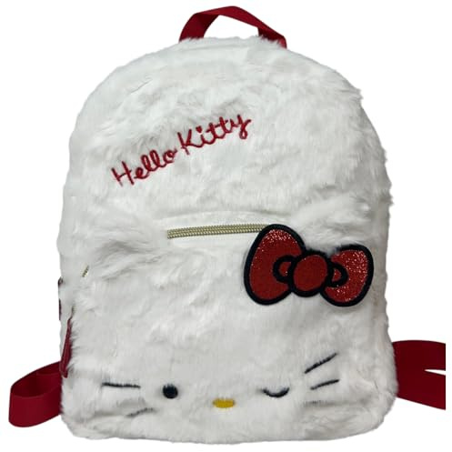 CARTOON Zainetto kawaii in peluche bambina bambino zaino morbido con orecchie 3D spallacci regolabili e doppia zip 28×23×8 cm (Hello Kitty)