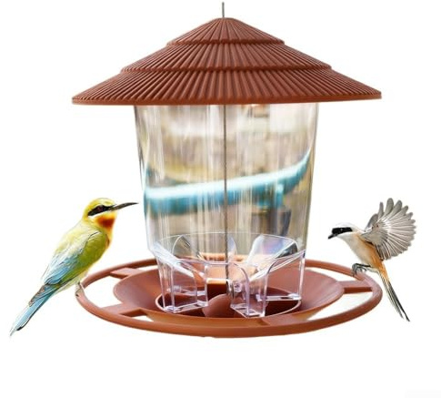 Mangiatoia per uccelli sospesa con design rotondo in plastica resistente alle intemperie e vassoio per briciole, adatta per giardino o balcone per fornire una stazione di alimentazione pulita (marrone