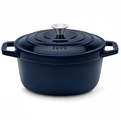 La Fonderie 1890 Pentola rotonda in ghisa smaltata ALMA25, capacità 4,7 L, compatibile con induzione, gas, elettrico, grill e forno, coperchio in ghisa, ideale per stufare e arrostire, blu navy