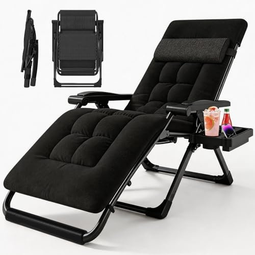 BYYBOU Génération2 Chaise Longue, Fauteuil Pliant, Relax Jardin Extérieur, pour Jardin, Plage et Piscine, Charge 200KG, Dossier Réglable, Oreiller et Coussin Amovibles (Noir, 77cm)