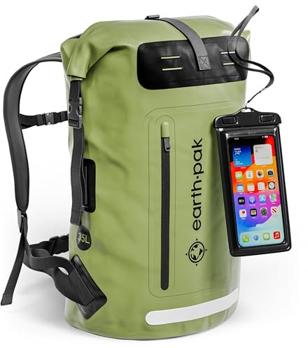 Earth Pak Summit wasserdichter Rucksack, Backpack mit leistungsstarkem Reißverschl 35Luss und Rolltop, wasserfester Handyhülle (Grün)