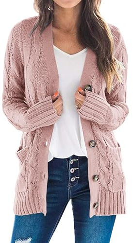 PRETTYGARDEN Women's Open Front Cardigan Sweaters Fall Fashion Button Down Cable Knit Chunky Winter Clothing Outerwear Coats (Dusty Pink,Small)